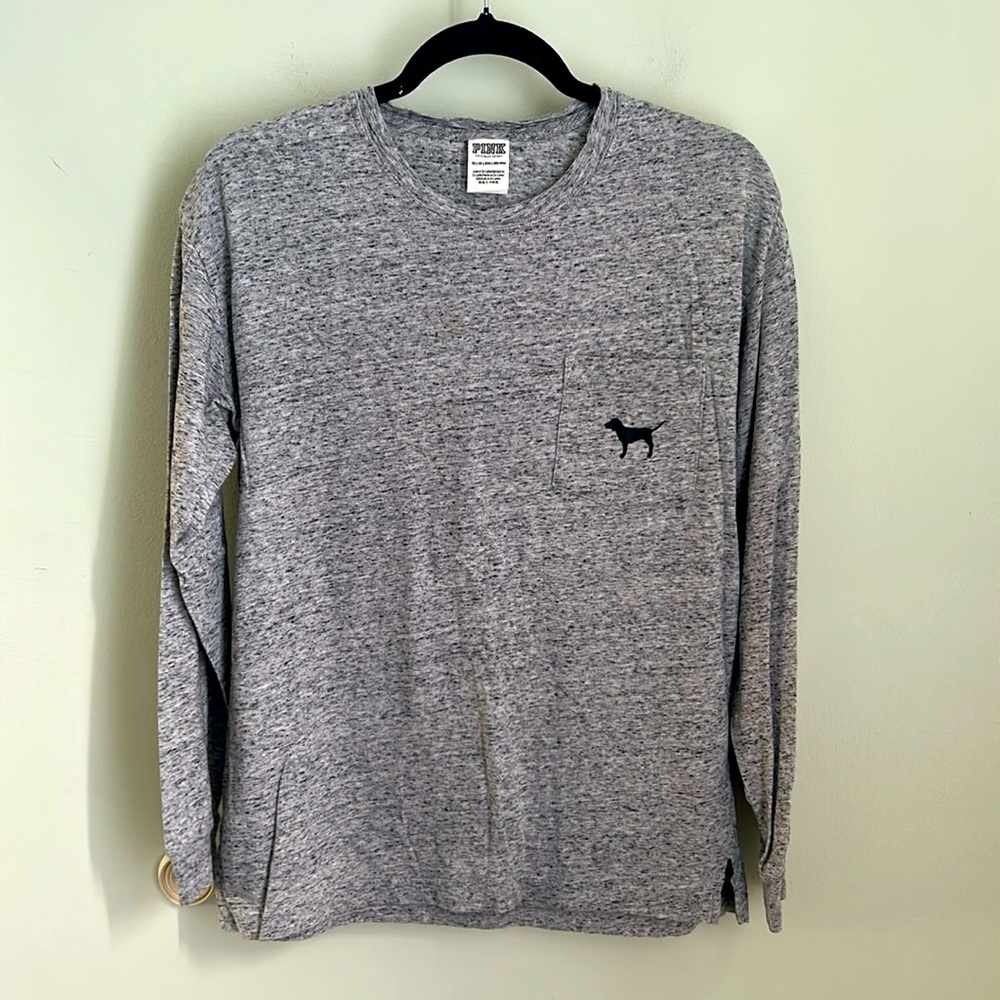 🧁PINK Victoria's Secret Gray Long Sleeve Top with Red Plaid Accents - Picture 2 of 7